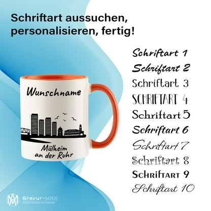 Tasse in Orange 330ml bedruckt mit der Skyline von Mülheim an der Ruhr personalisierbar mit Wunschname