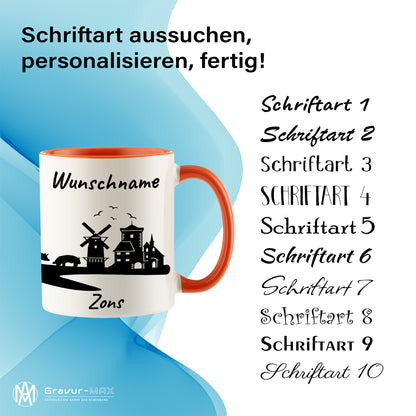 Tasse in Orange 330ml bedruckt mit der Skyline von Zons (Dormagen) personalisierbar mit Wunschname