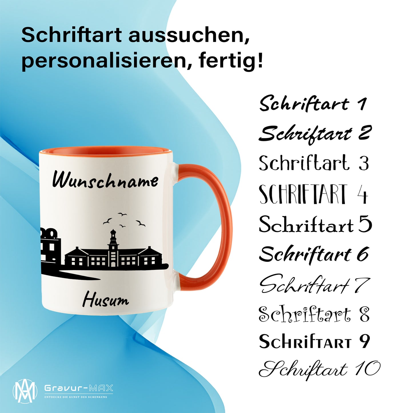 Tasse in Orange 330ml bedruckt mit der Skyline von Husum personalisierbar mit Wunschname