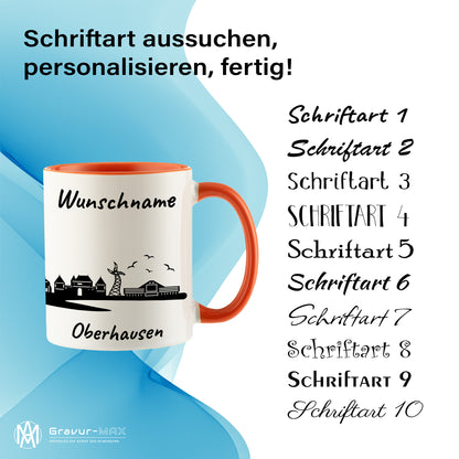 Tasse in Orange 330ml bedruckt mit der Skyline von Oberhausen personalisierbar mit Wunschname