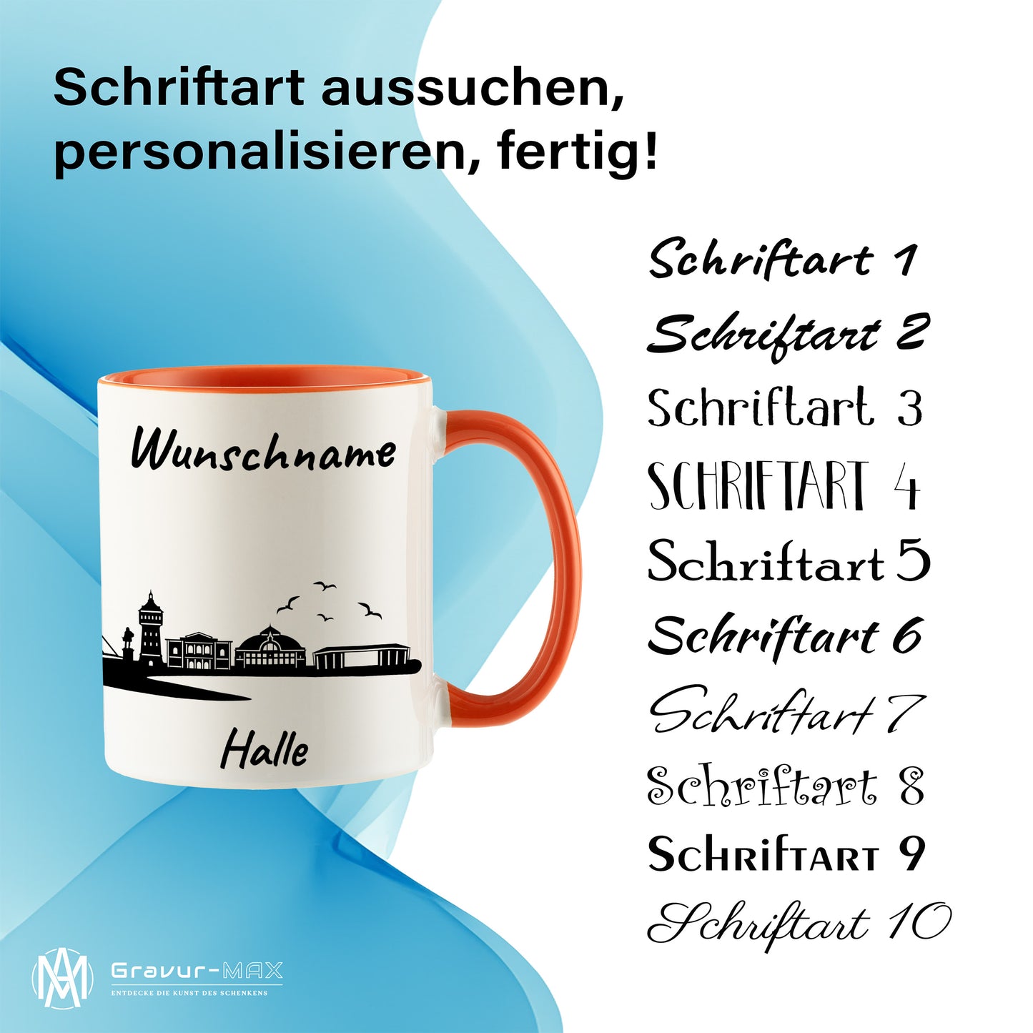 Tasse in Orange 330ml bedruckt mit der Skyline von Halle personalisierbar mit Wunschname