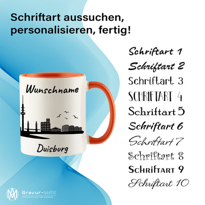 Tasse in Orange 330ml bedruckt mit der Skyline von Duisburg personalisierbar mit Wunschname