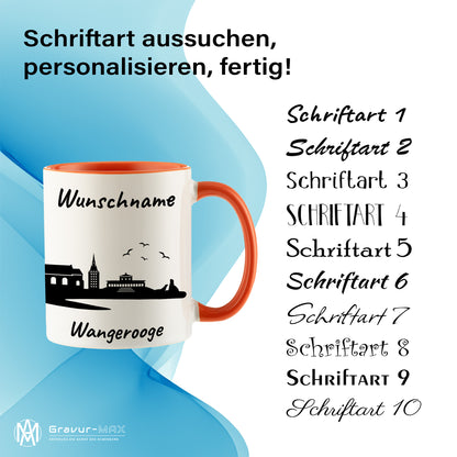 Tasse in Orange 330ml bedruckt mit der Skyline von Wangerooge personalisierbar mit Wunschname