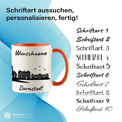 Tasse in Orange 330ml bedruckt mit der Skyline von Darmstadt personalisierbar mit Wunschname