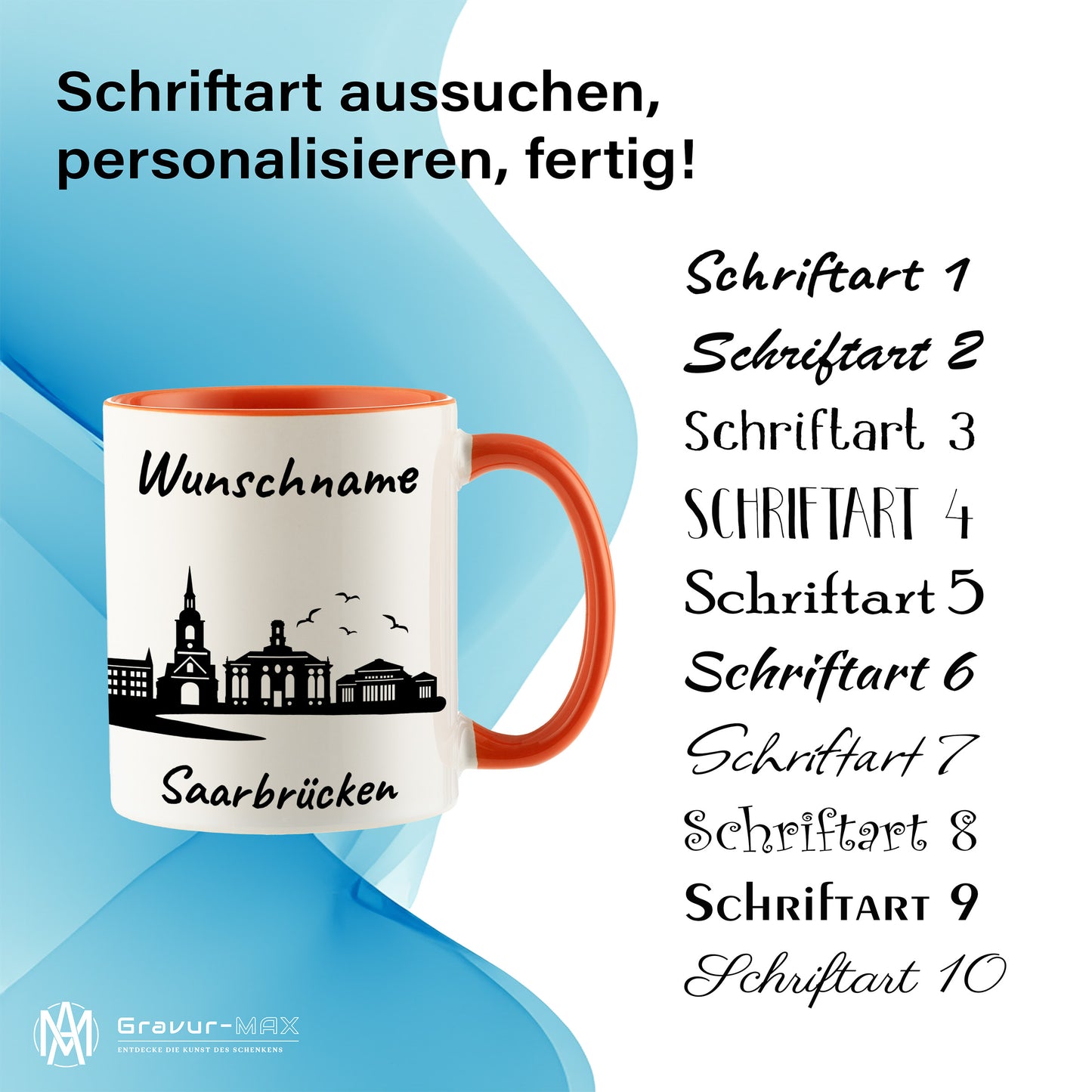 Tasse in Orange 330ml bedruckt mit der Skyline von Saarbrücken personalisierbar mit Wunschname