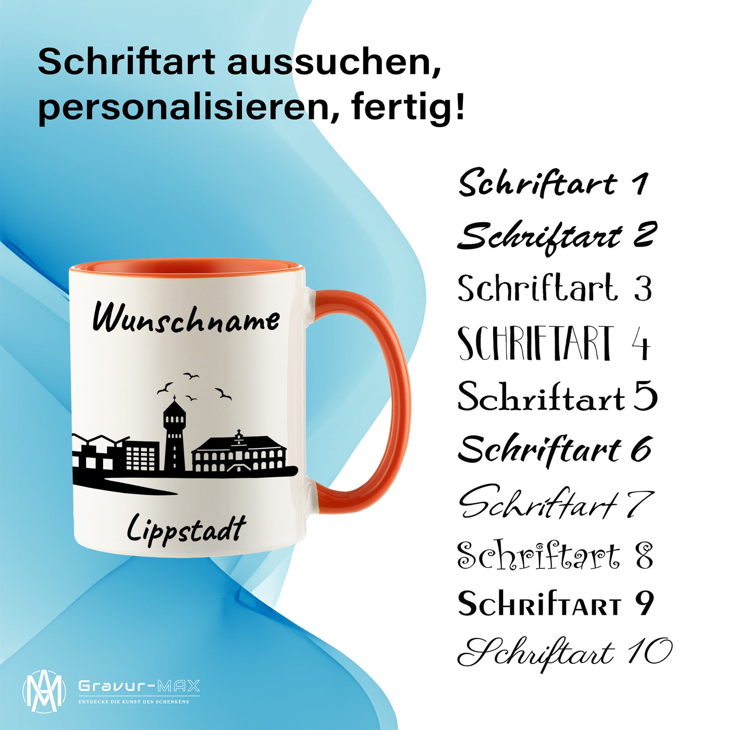 Tasse in Orange 330ml bedruckt mit der Skyline von Lippstadt personalisierbar mit Wunschname