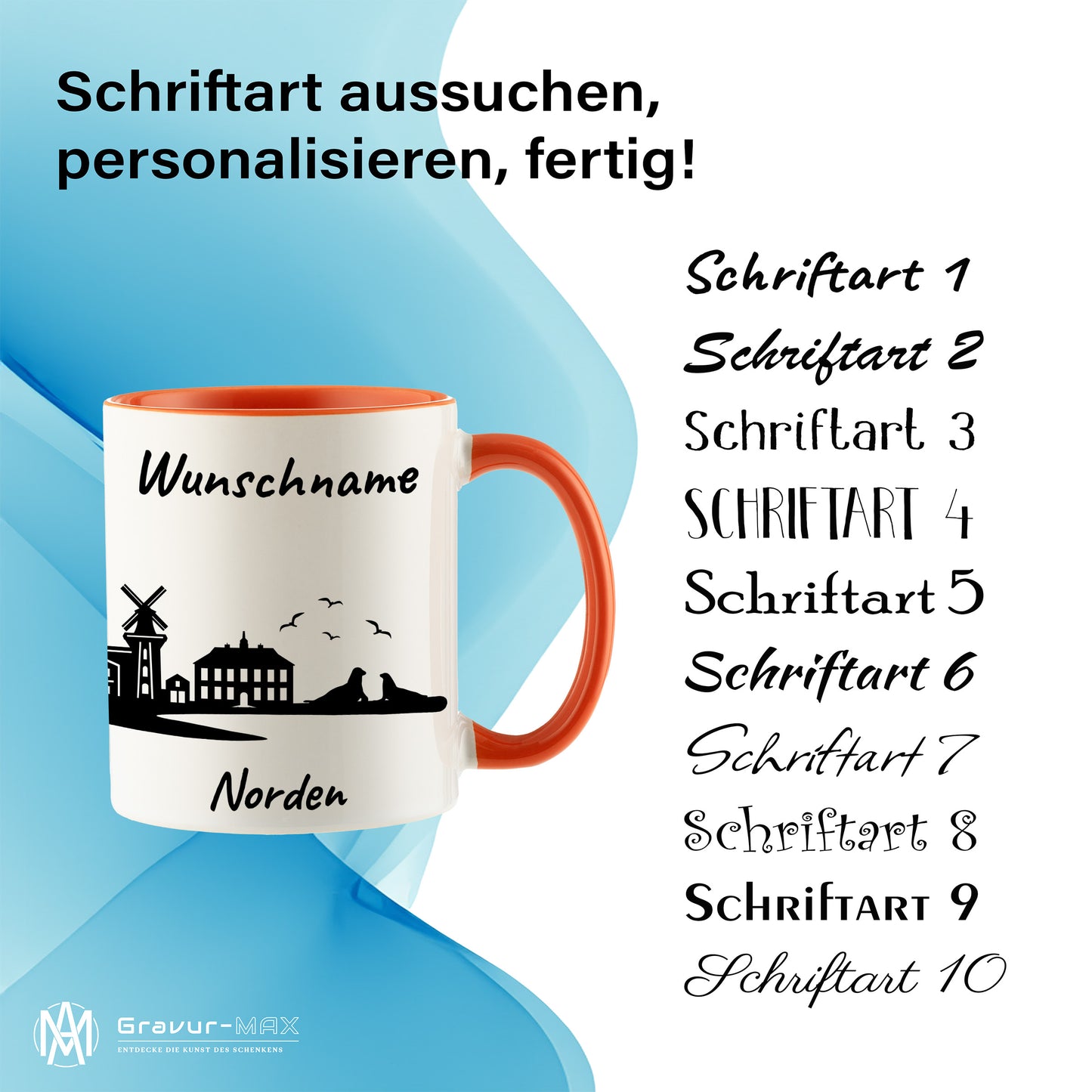 Tasse in Orange 330ml bedruckt mit der Skyline von Norden personalisierbar mit Wunschname