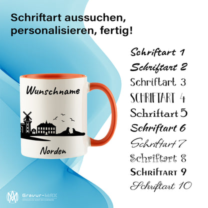 Tasse in Orange 330ml bedruckt mit der Skyline von Norden personalisierbar mit Wunschname