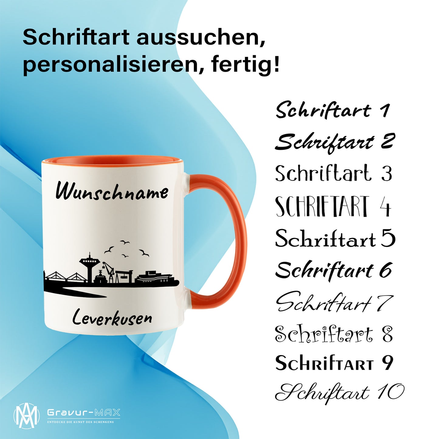 Tasse in Orange 330ml bedruckt mit der Skyline von Leverkusen personalisierbar mit Wunschname