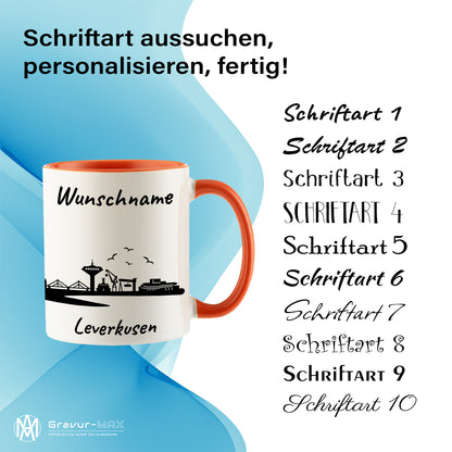 Tasse in Orange 330ml bedruckt mit der Skyline von Leverkusen personalisierbar mit Wunschname
