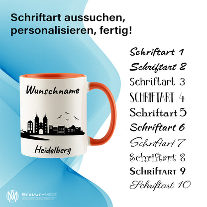 Tasse in Orange 330ml bedruckt mit der Skyline von Heidelberg personalisierbar mit Wunschname