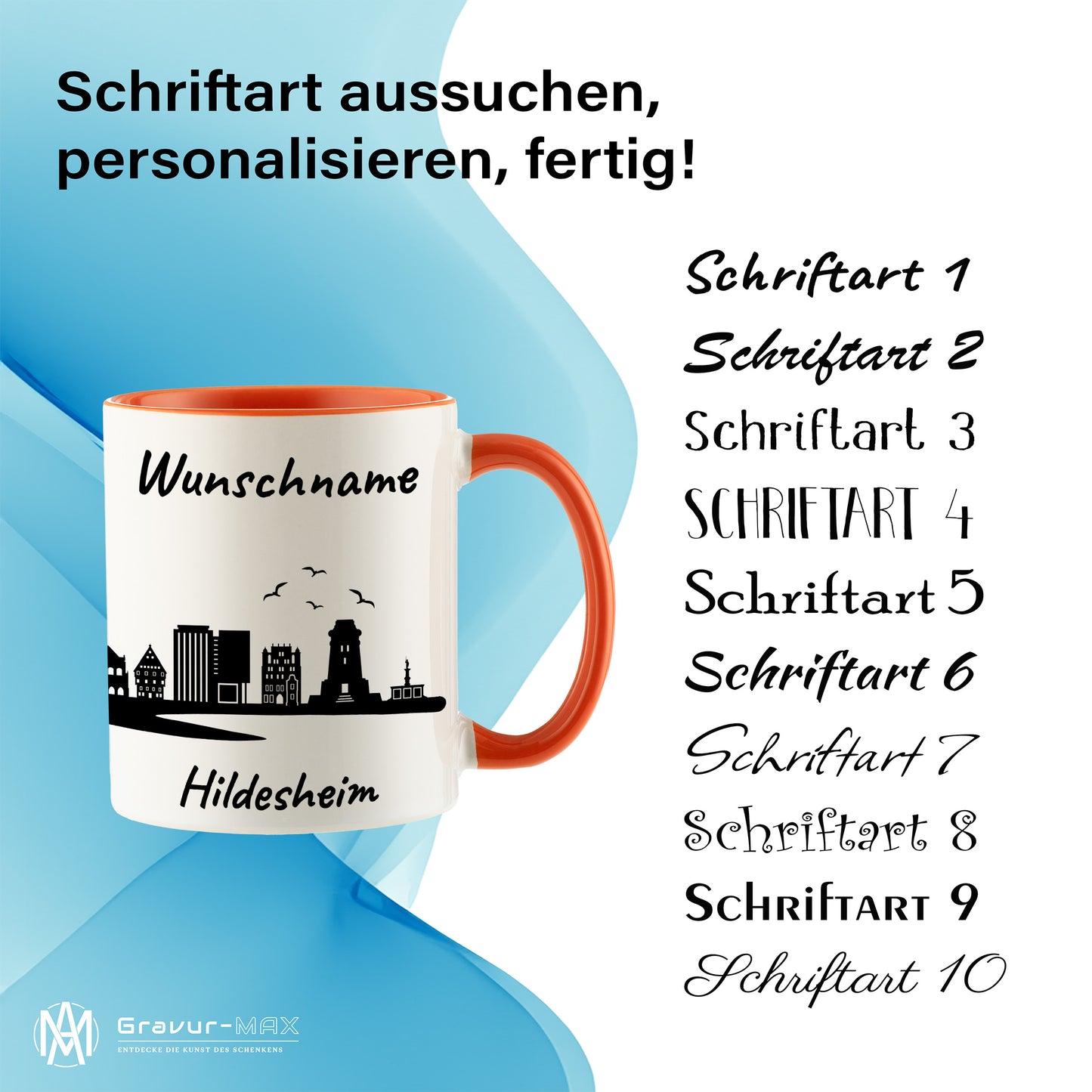 Tasse in Orange 330ml bedruckt mit der Skyline von Hildesheim personalisierbar mit Wunschname