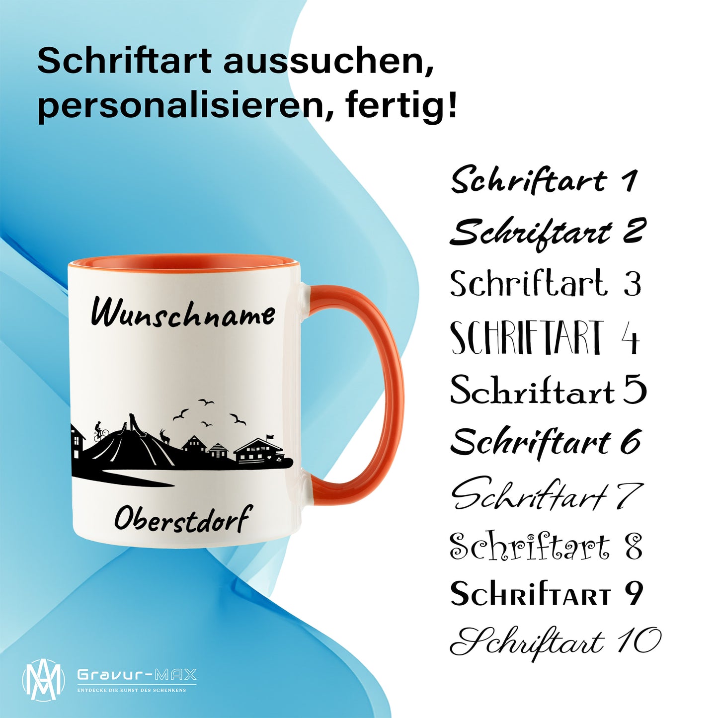 Tasse in Orange 330ml bedruckt mit der Skyline von Oberstdorf personalisierbar mit Wunschname