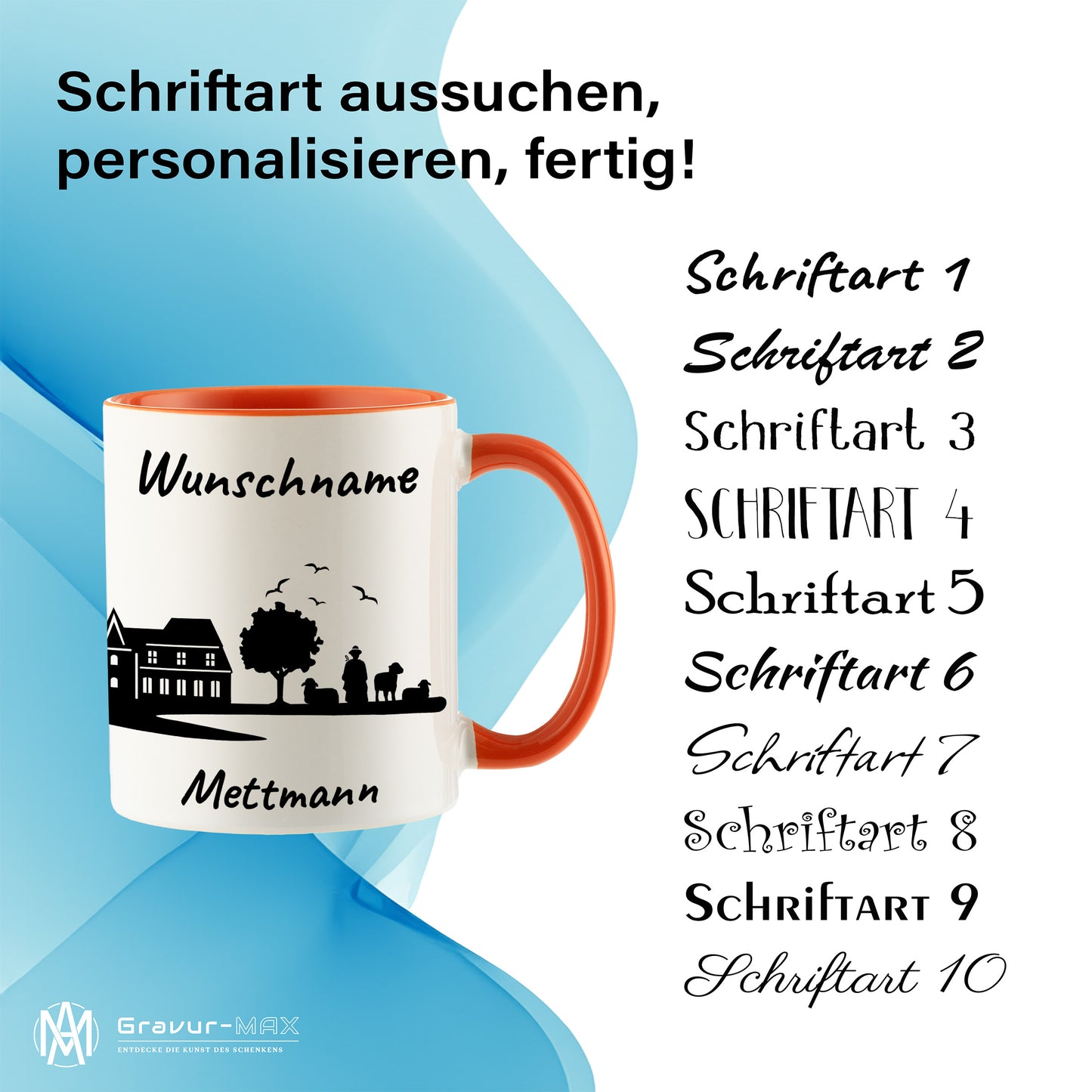 Tasse in Orange 330ml bedruckt mit der Skyline von Mettmann personalisierbar mit Wunschname