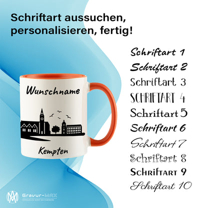 Tasse in Orange 330ml bedruckt mit der Skyline von Kempten personalisierbar mit Wunschname