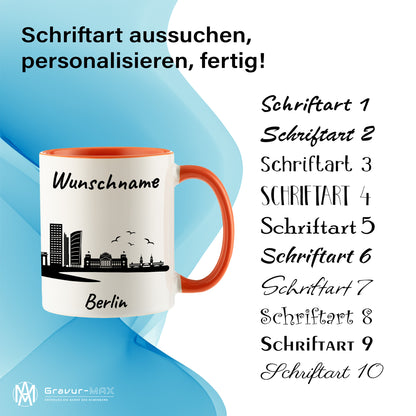 Tasse in Orange 330ml bedruckt mit der Skyline von Berlin personalisierbar mit Wunschname