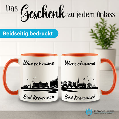 Tasse in Orange 330ml bedruckt mit der Skyline von Bad Kreuznach personalisierbar mit Wunschname