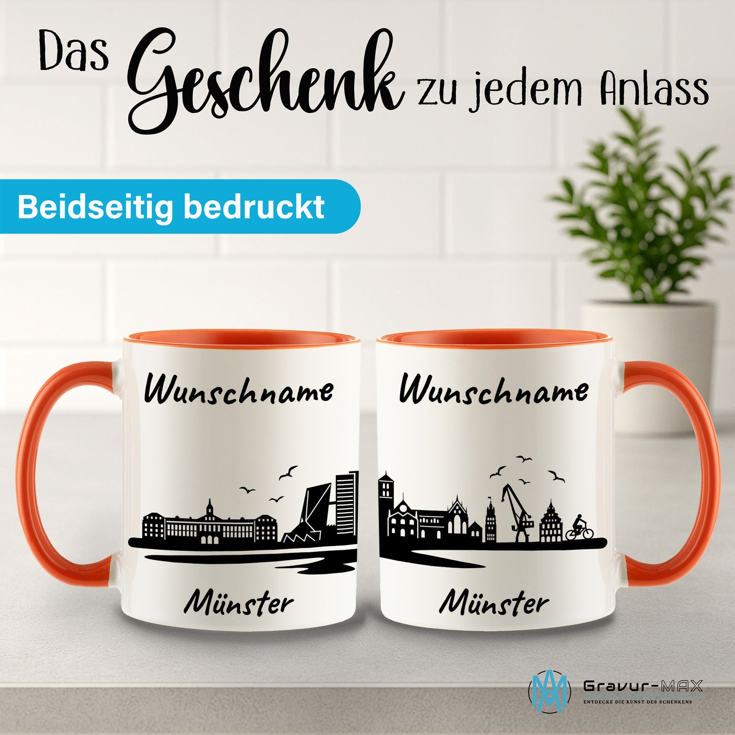 Tasse in Orange 330ml bedruckt mit der Skyline von Münster personalisierbar mit Wunschname
