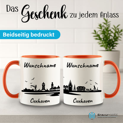 Tasse in Orange 330ml bedruckt mit der Skyline von Cuxhaven personalisierbar mit Wunschname