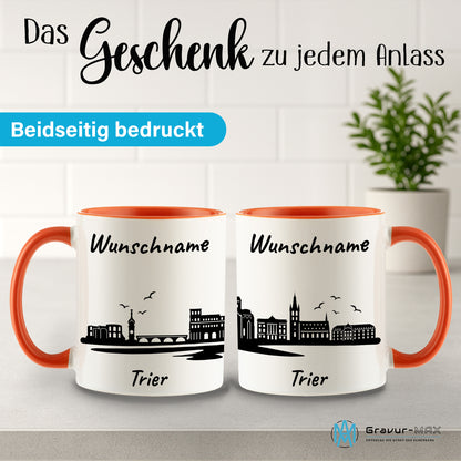 Tasse in Orange 330ml bedruckt mit der Skyline von Trier personalisierbar mit Wunschname