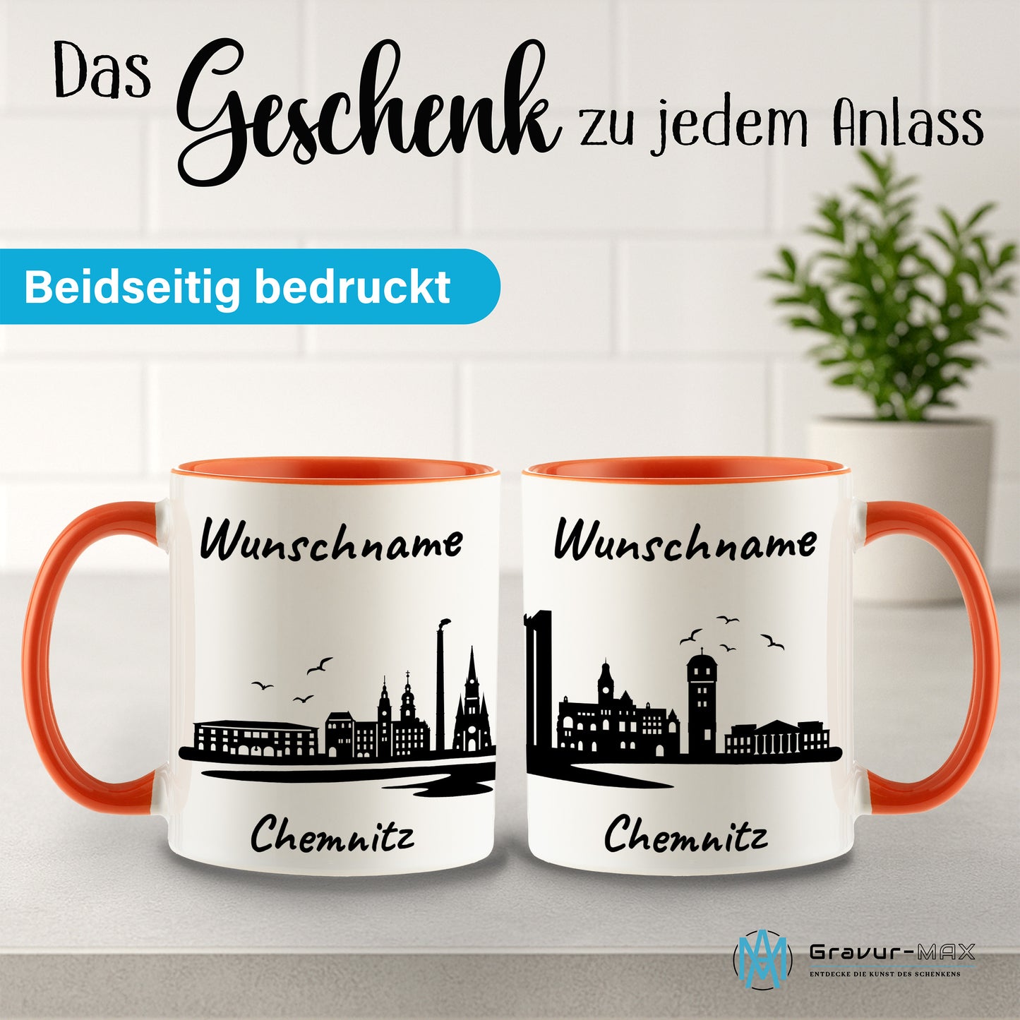 Tasse in Orange 330ml bedruckt mit der Skyline von Chemnitz personalisierbar mit Wunschname
