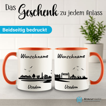 Tasse in Orange 330ml bedruckt mit der Skyline von Usedom personalisierbar mit Wunschname