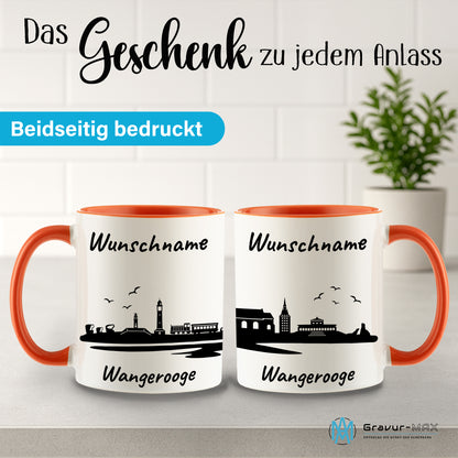 Tasse in Orange 330ml bedruckt mit der Skyline von Wangerooge personalisierbar mit Wunschname