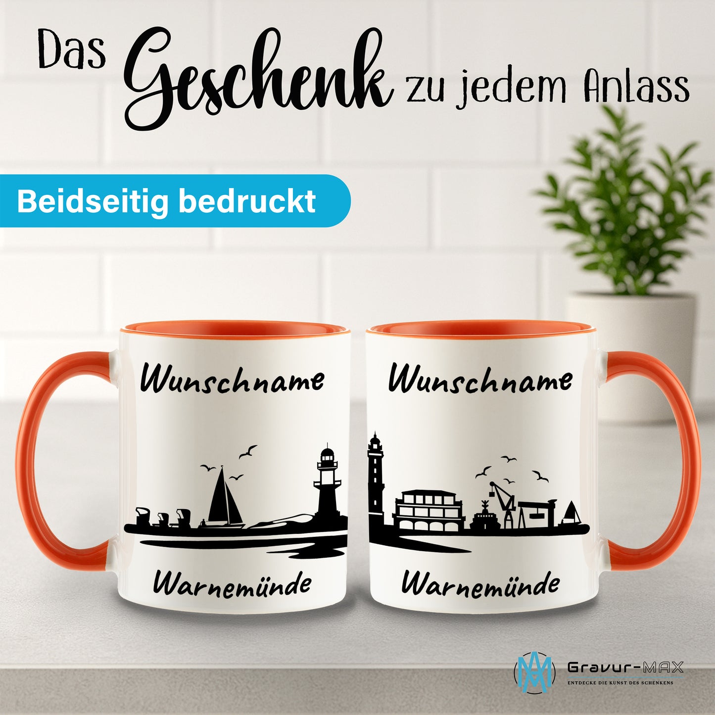 Tasse in Orange 330ml bedruckt mit der Skyline von Warnemünde personalisierbar mit Wunschname