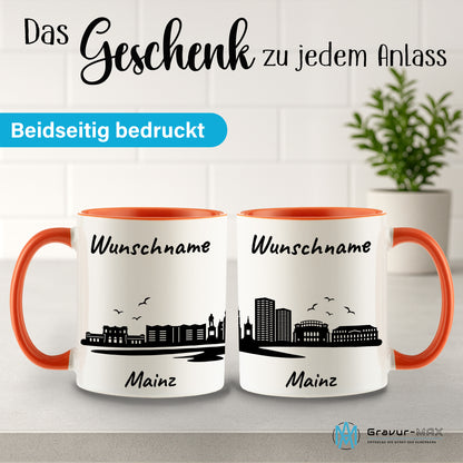 Tasse in Orange 330ml bedruckt mit der Skyline von Mainz personalisierbar mit Wunschname