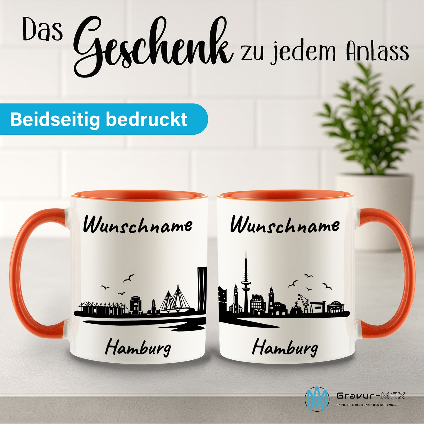 Tasse in Orange 330ml bedruckt mit der Skyline von Hamburg personalisierbar mit Wunschname