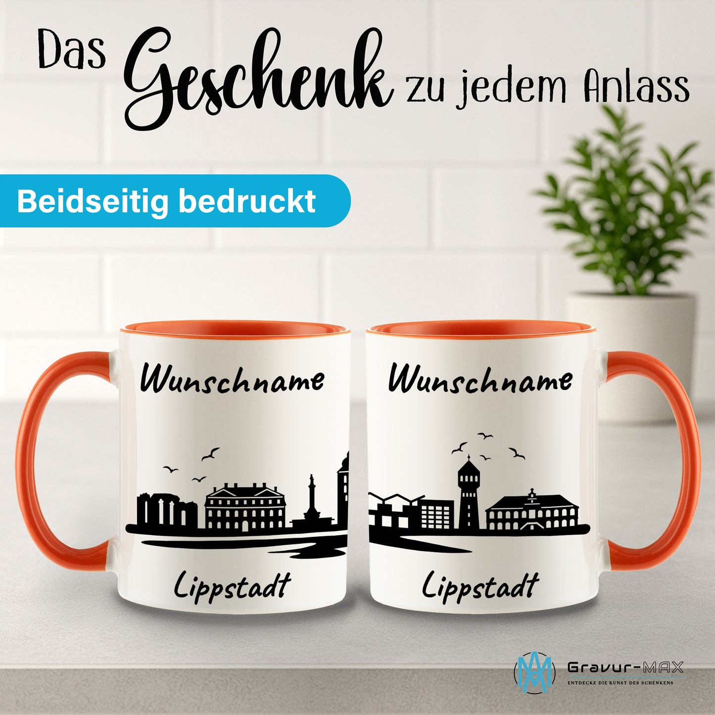 Tasse in Orange 330ml bedruckt mit der Skyline von Lippstadt personalisierbar mit Wunschname
