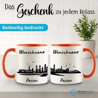 Tasse in Orange 330ml bedruckt mit der Skyline von Passau personalisierbar mit Wunschname