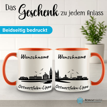 Tasse in Orange 330ml bedruckt mit der Skyline von Ostwestfalen-Lippe personalisierbar mit Wunschname