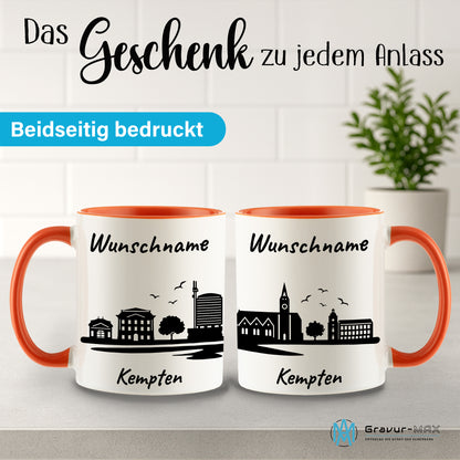 Tasse in Orange 330ml bedruckt mit der Skyline von Kempten personalisierbar mit Wunschname