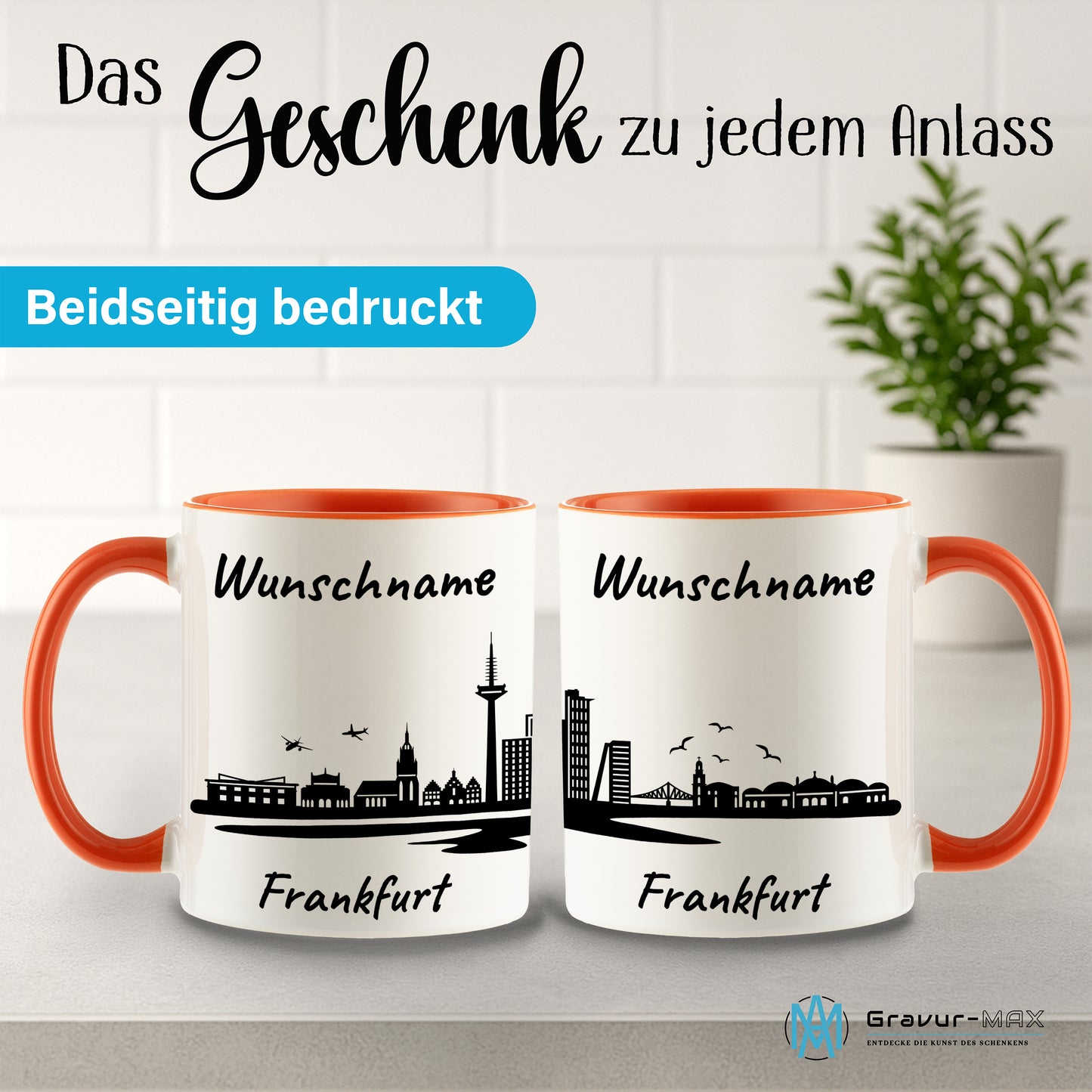 Tasse in Orange 330ml bedruckt mit der Skyline von Frankfurt personalisierbar mit Wunschname