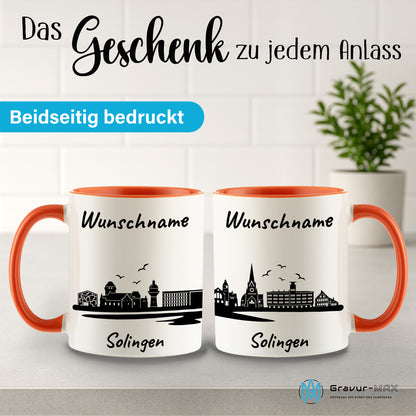 Tasse in Orange 330ml bedruckt mit der Skyline von Solingen personalisierbar mit Wunschname