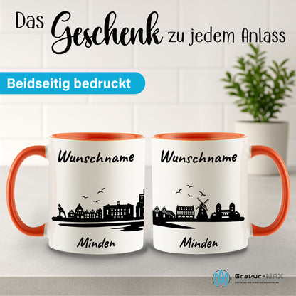 Tasse in Orange 330ml bedruckt mit der Skyline von Minden personalisierbar mit Wunschname