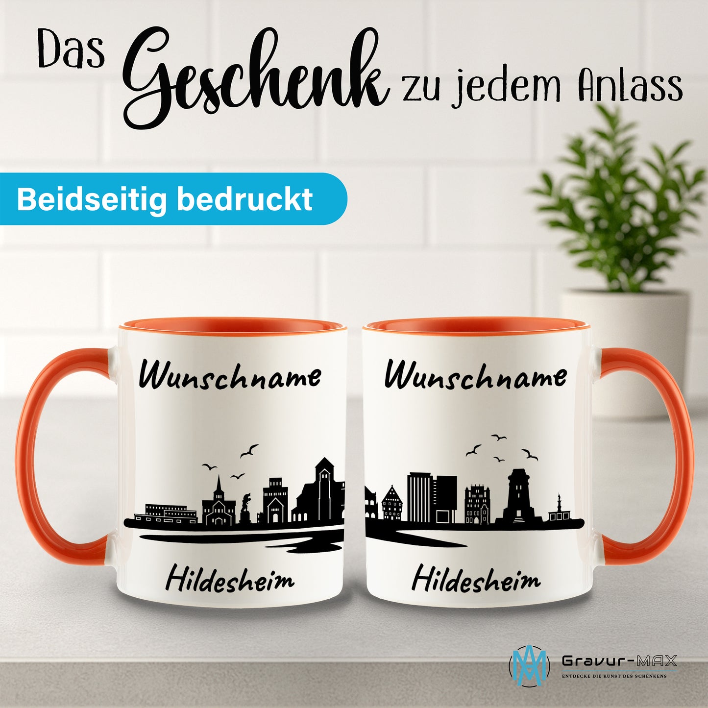 Tasse in Orange 330ml bedruckt mit der Skyline von Hildesheim personalisierbar mit Wunschname