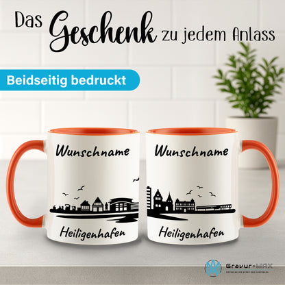 Tasse in Orange 330ml bedruckt mit der Skyline von Heiligenhafen personalisierbar mit Wunschname