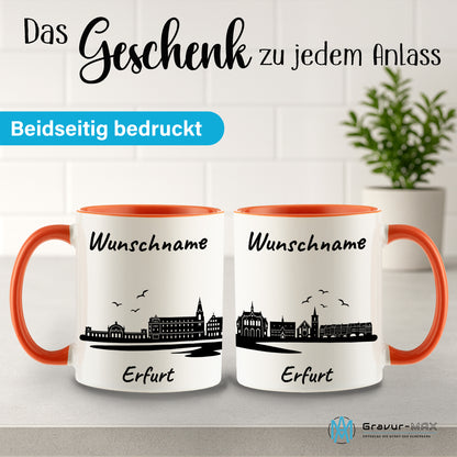 Tasse in Orange 330ml bedruckt mit der Skyline von Erfurt personalisierbar mit Wunschname