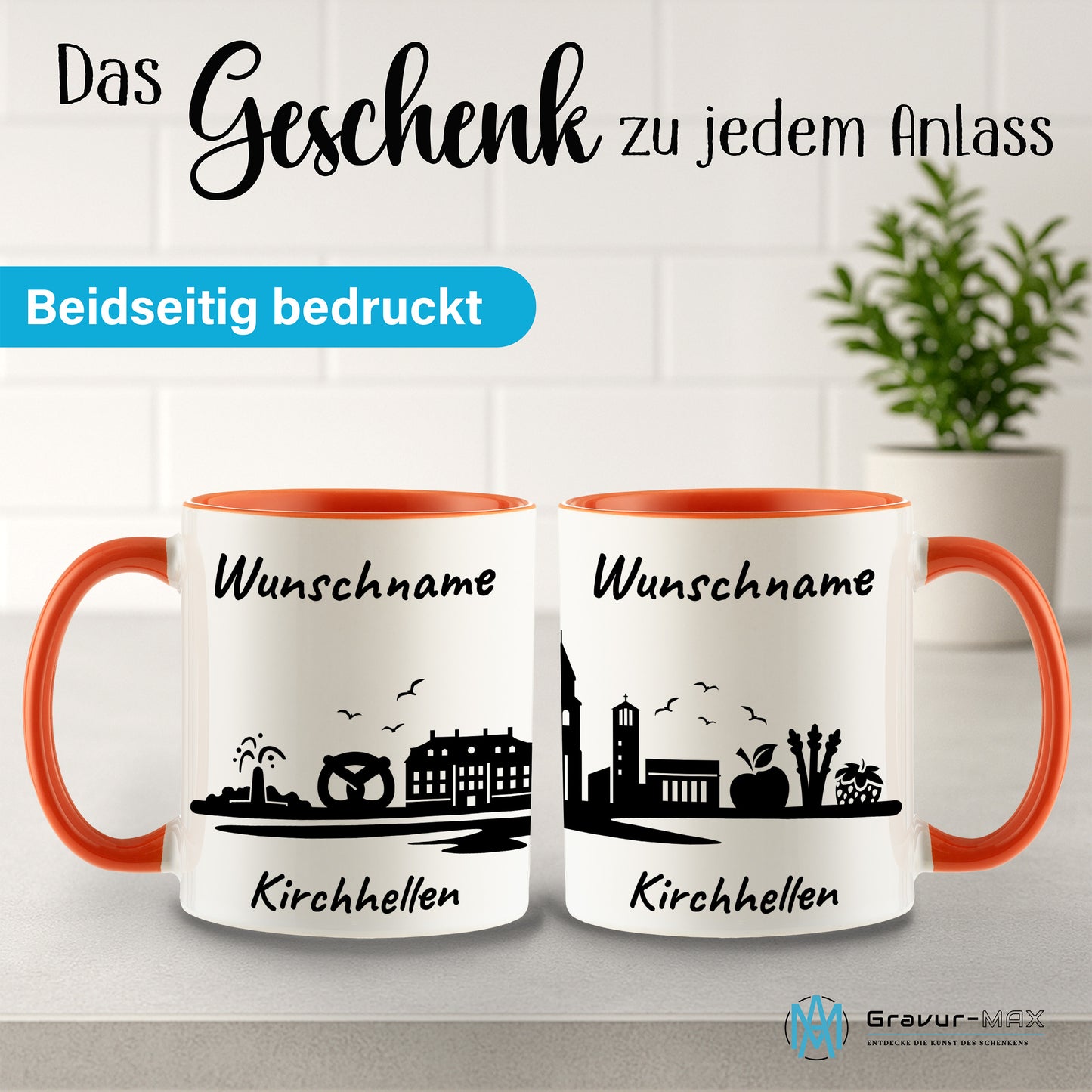Tasse in Orange 330ml bedruckt mit der Skyline von Kirchhellen personalisierbar mit Wunschname