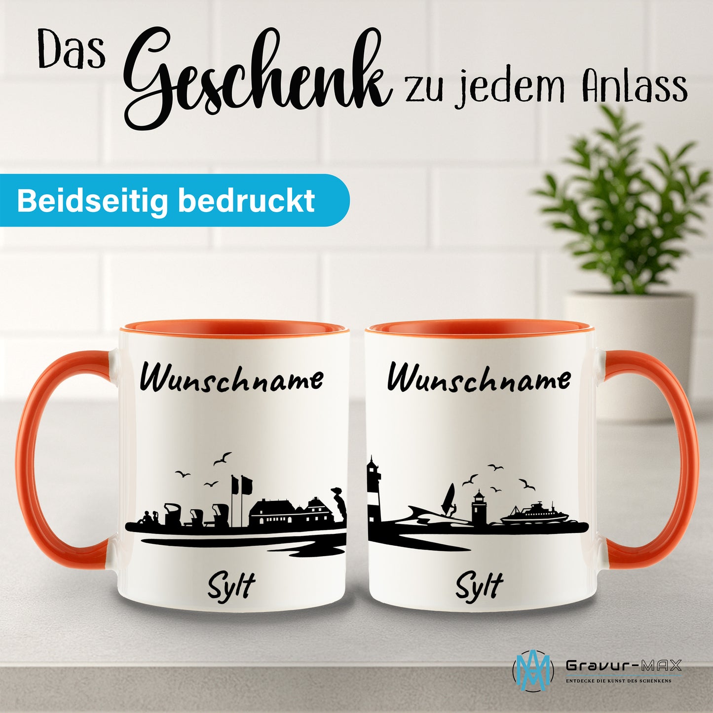 Tasse in Orange 330ml bedruckt mit der Skyline von Sylt personalisierbar mit Wunschname