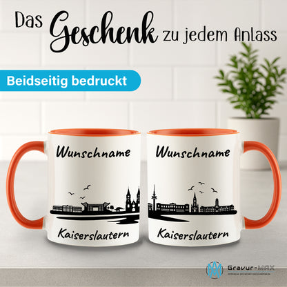 Tasse in Orange 330ml bedruckt mit der Skyline von Kaiserslautern personalisierbar mit Wunschname