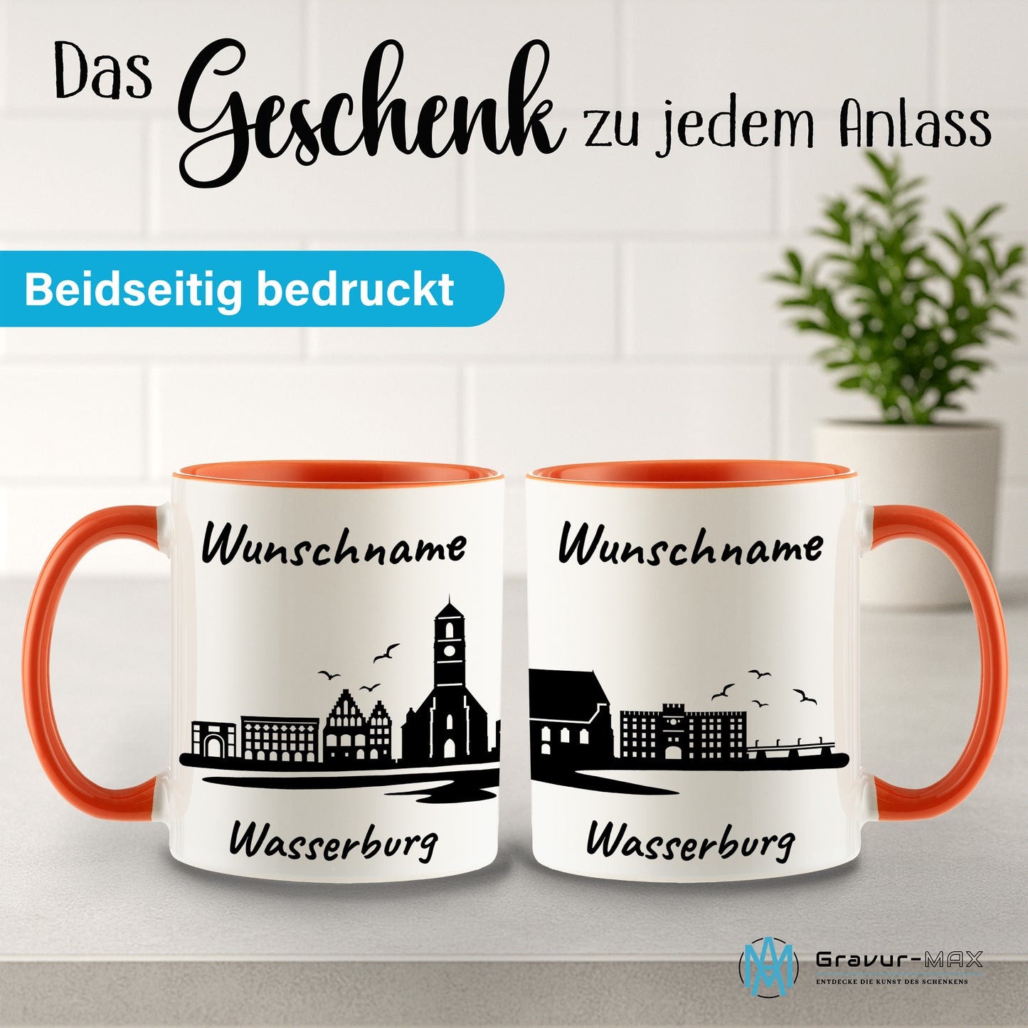 Tasse in Orange 330ml bedruckt mit der Skyline von Wasserburg personalisierbar mit Wunschname