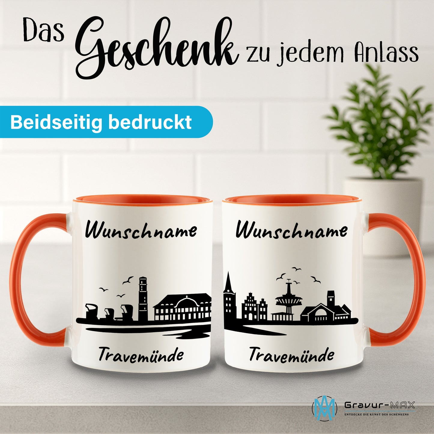 Tasse in Orange 330ml bedruckt mit der Skyline von Travemünde personalisierbar mit Wunschname