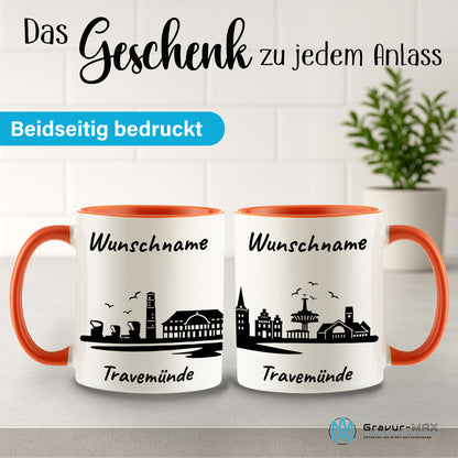 Tasse in Orange 330ml bedruckt mit der Skyline von Travemünde personalisierbar mit Wunschname