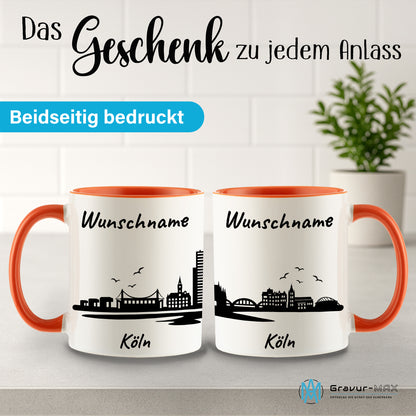 Tasse in Orange 330ml bedruckt mit der Skyline von Köln personalisierbar mit Wunschname