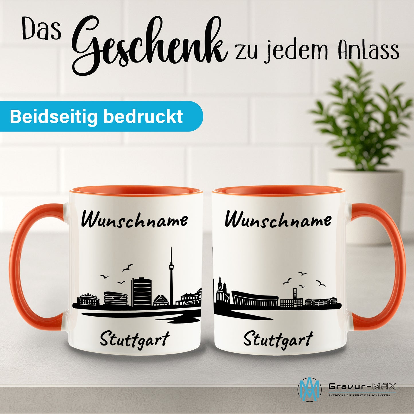 Tasse in Orange 330ml bedruckt mit der Skyline von Stuttgart personalisierbar mit Wunschname
