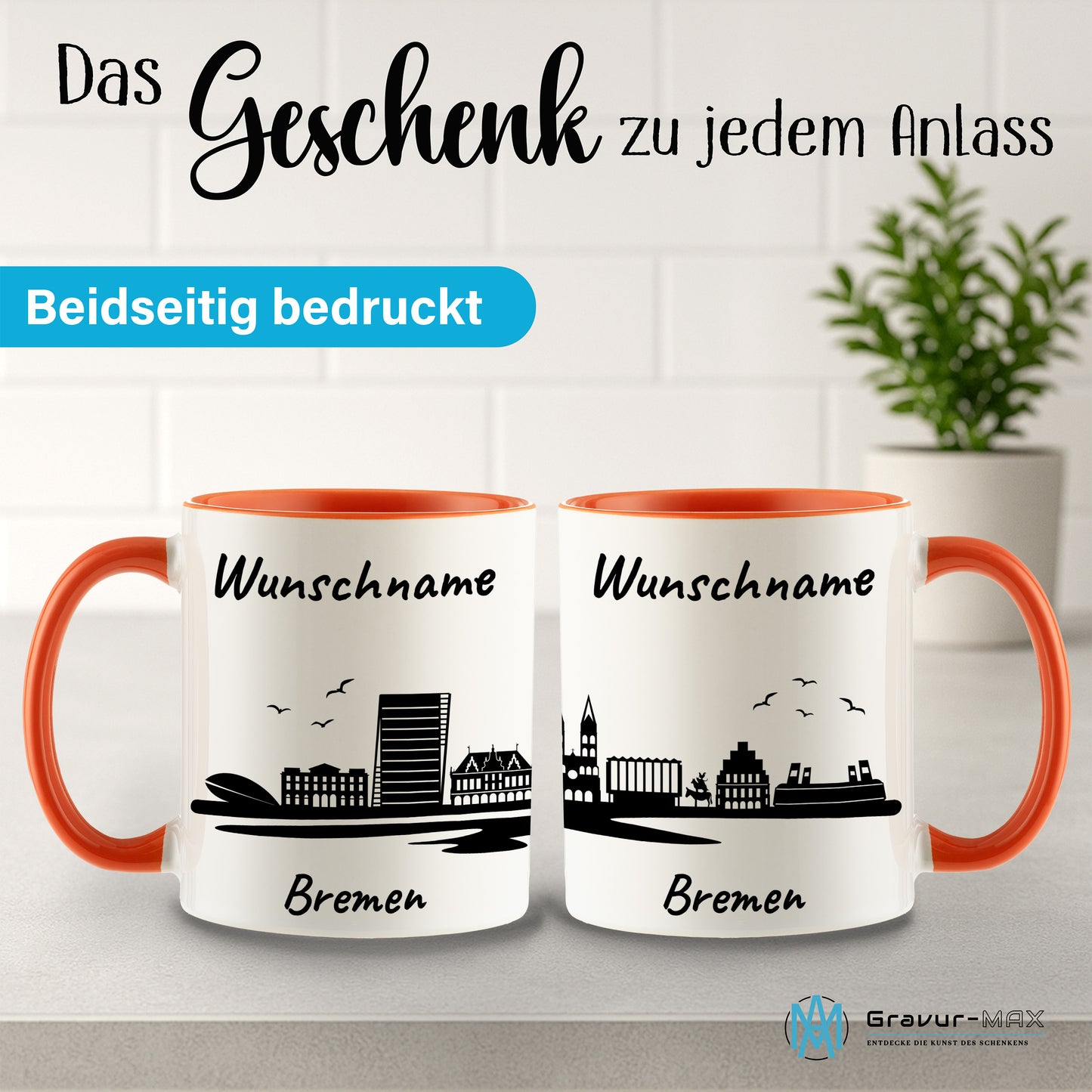Tasse in Orange 330ml bedruckt mit der Skyline von Bremen personalisierbar mit Wunschname