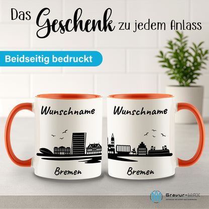 Tasse in Orange 330ml bedruckt mit der Skyline von Bremen personalisierbar mit Wunschname